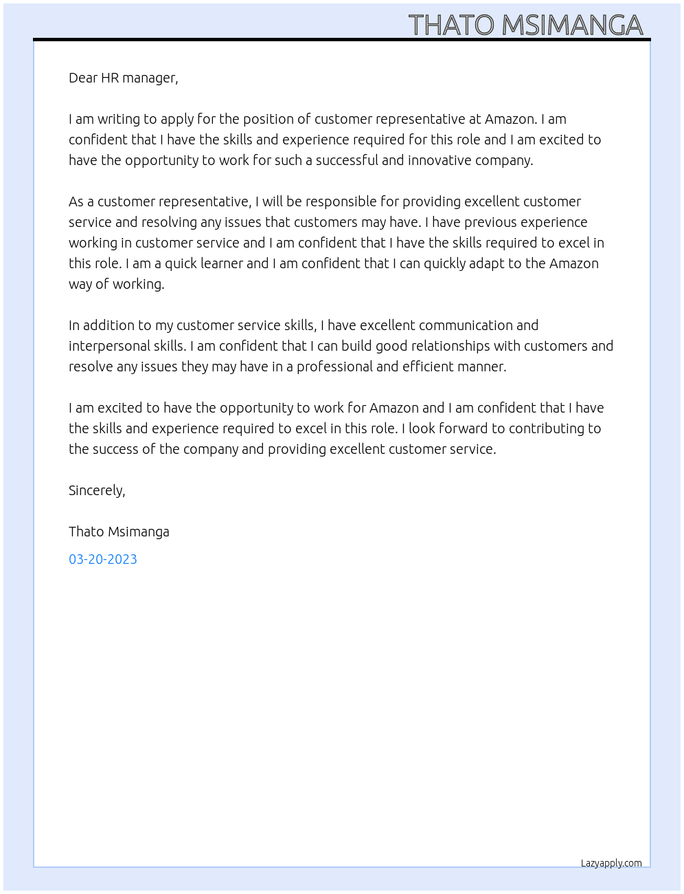 Customer representative  At Amazon Cover Letter