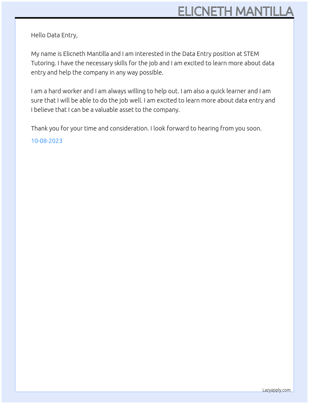Data Entry At STEM Tutoring Cover Letter