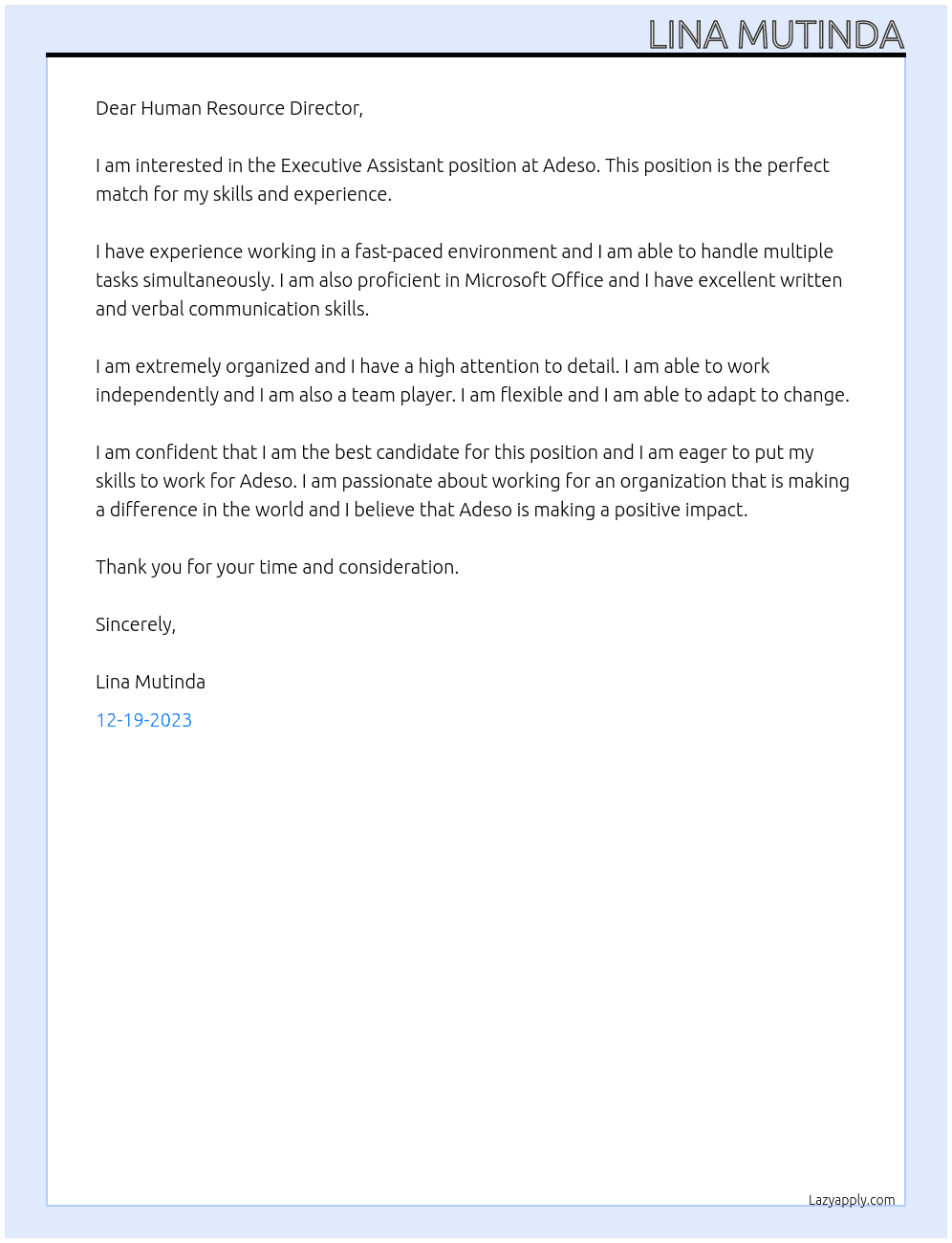 EXECUTIVE ASSISTANT At ADESO Cover Letter