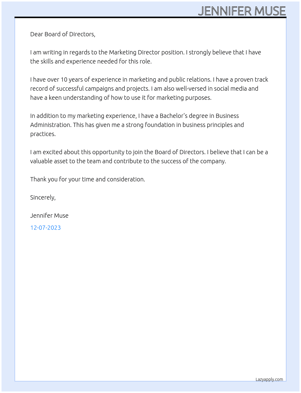Marketing Director At Board of Directors Cover Letter