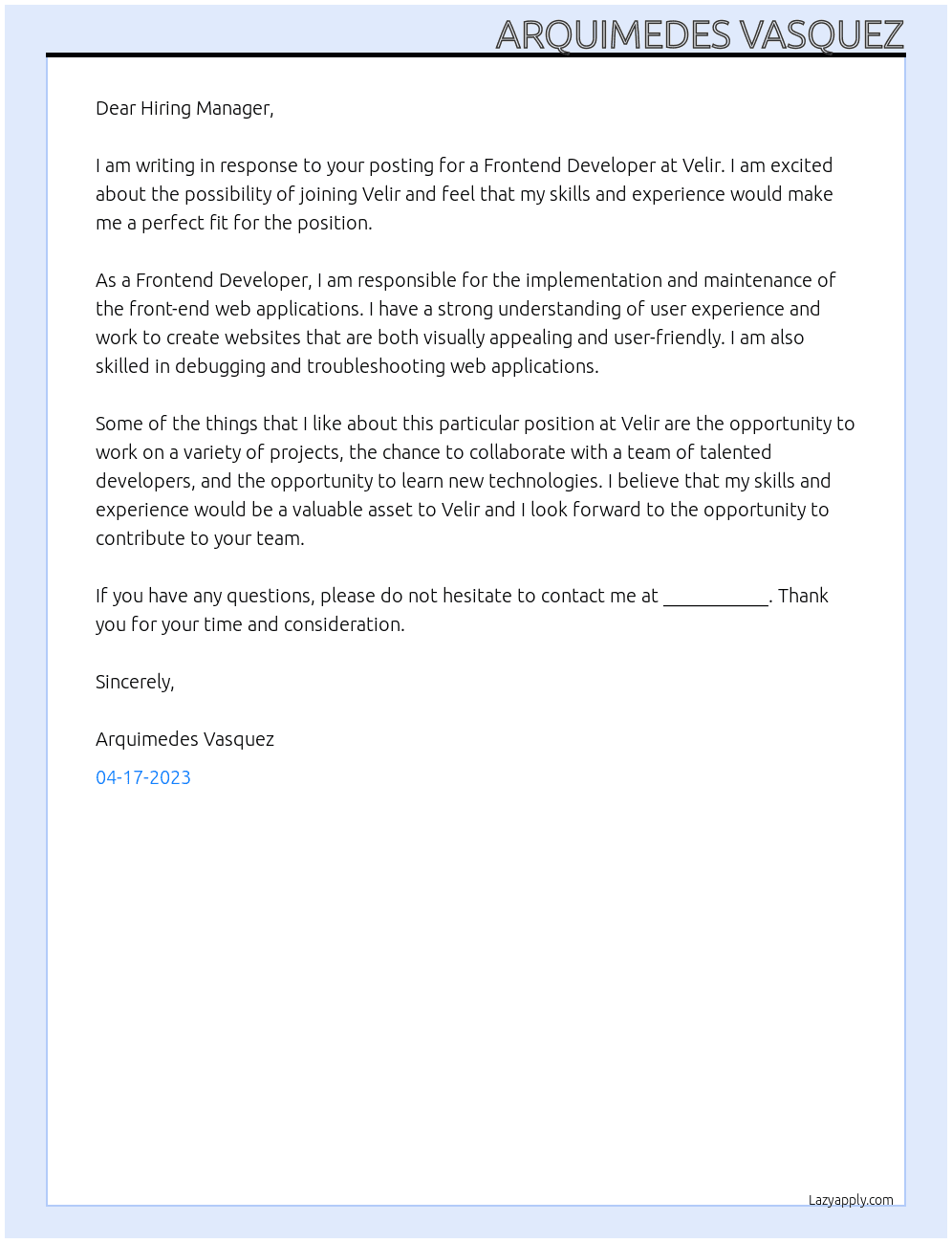 Frontend Developer At Velir Cover Letter