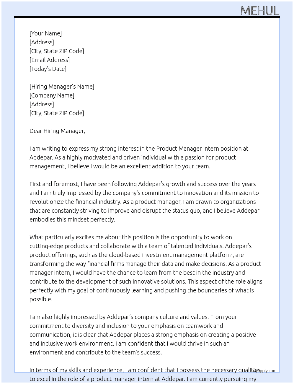 Product Manager Intern  At Addepar Cover Letter
