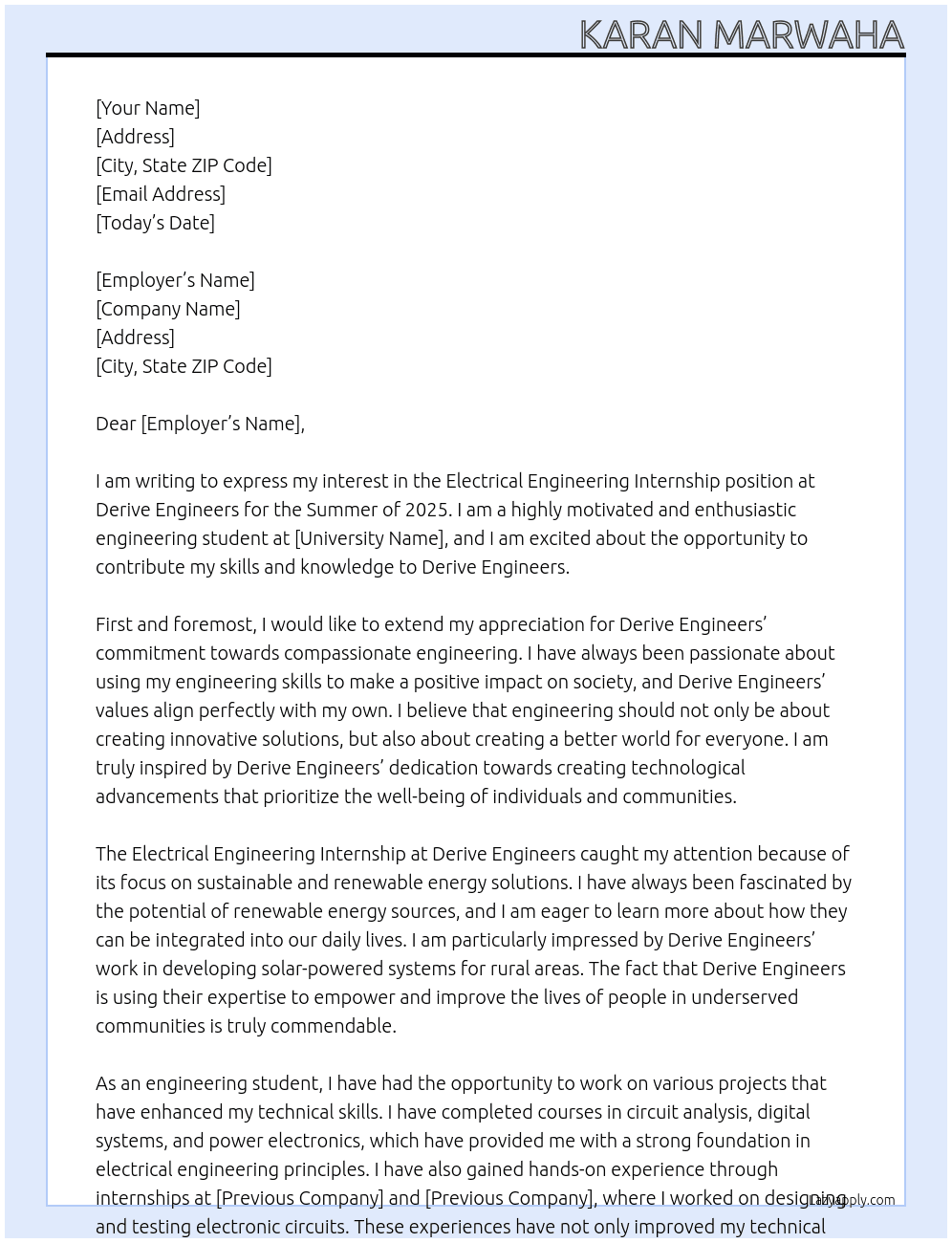Electrical Engineering Internship - Summer 2025 At Derive Engineers Cover Letter