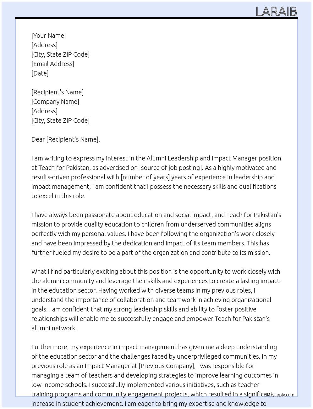 Alumni Leadership and Impact Manager At Teach for Pakistan  Cover Letter
