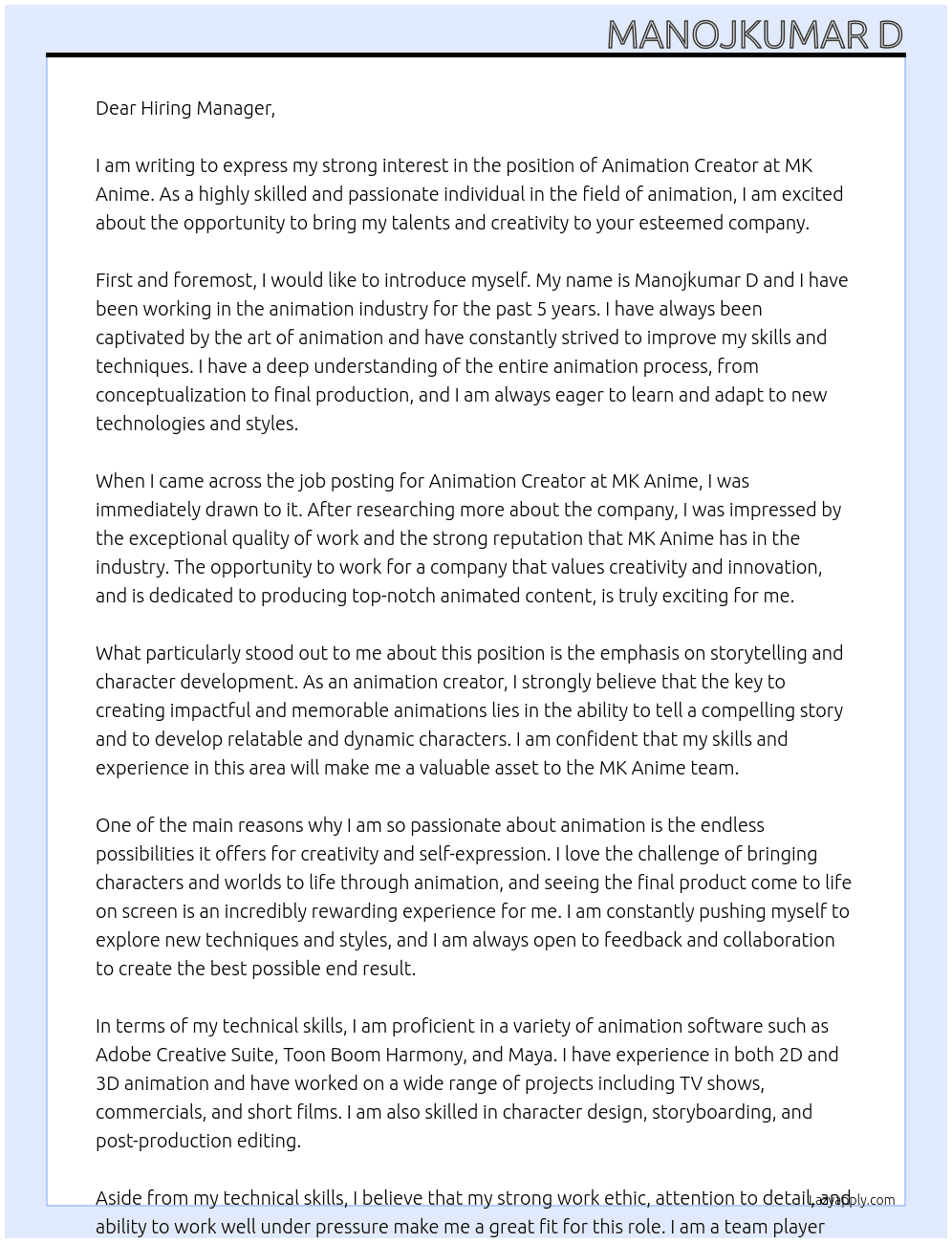 ANIMATION CREATER At MK ANIME Cover Letter