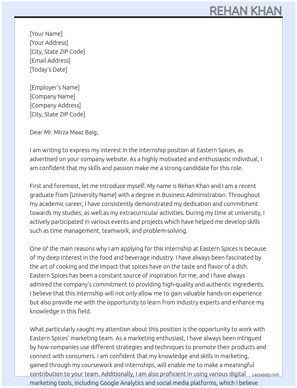 Internship At Eastern Spices Cover Letter