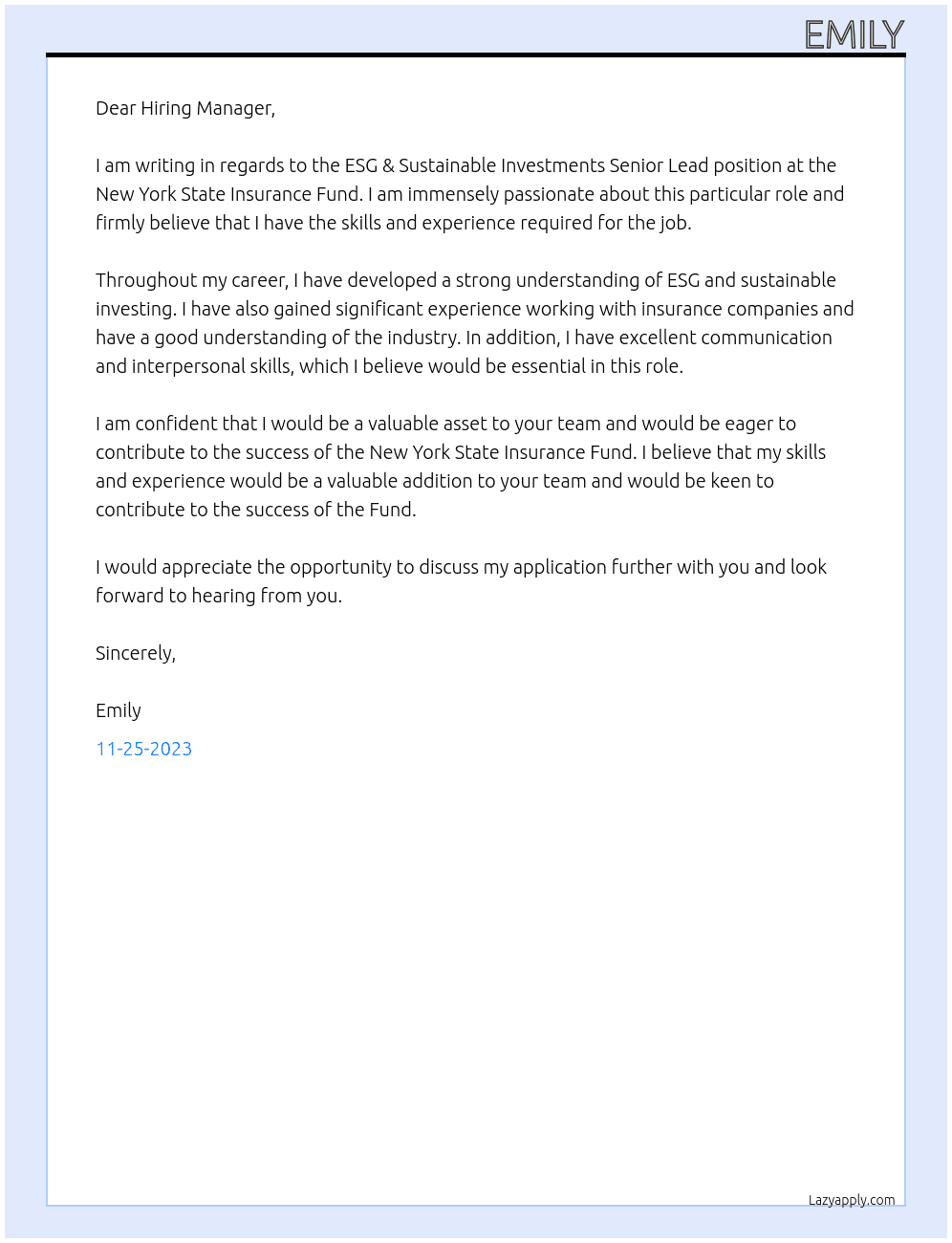 ESG & Sustainable Investments Senior Lead At New York State Insurance Fund Cover Letter