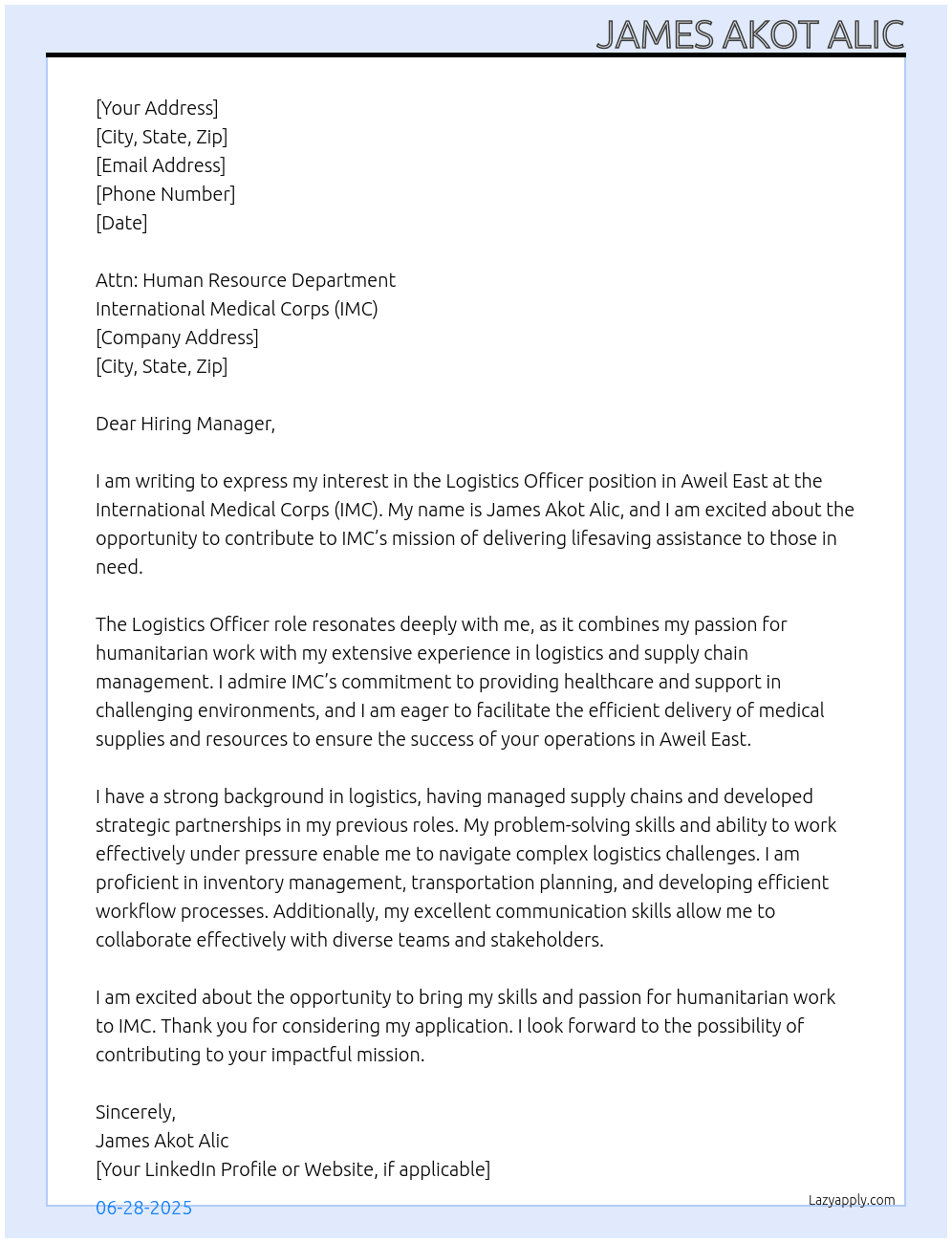 Logistics Officer -Aweil  East At International Medical Corps-IMC Cover Letter