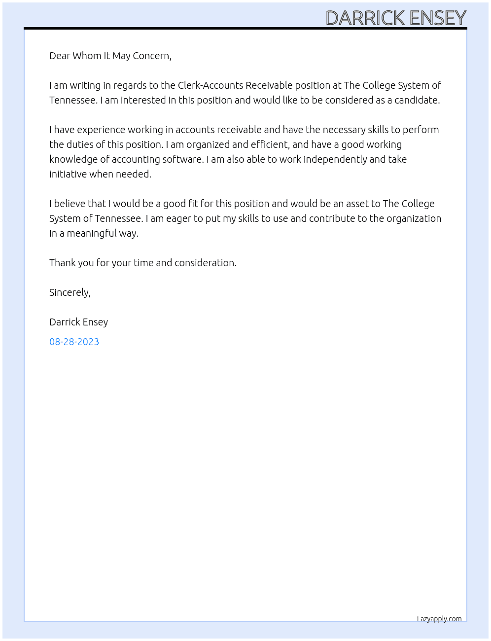 Clerk-Accounts Receivable At The College System of Tennessee Cover Letter