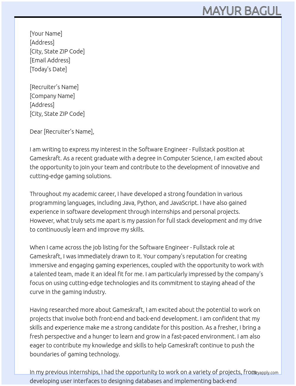 Software Engineer - Fullstack   At Gameskraft Cover Letter
