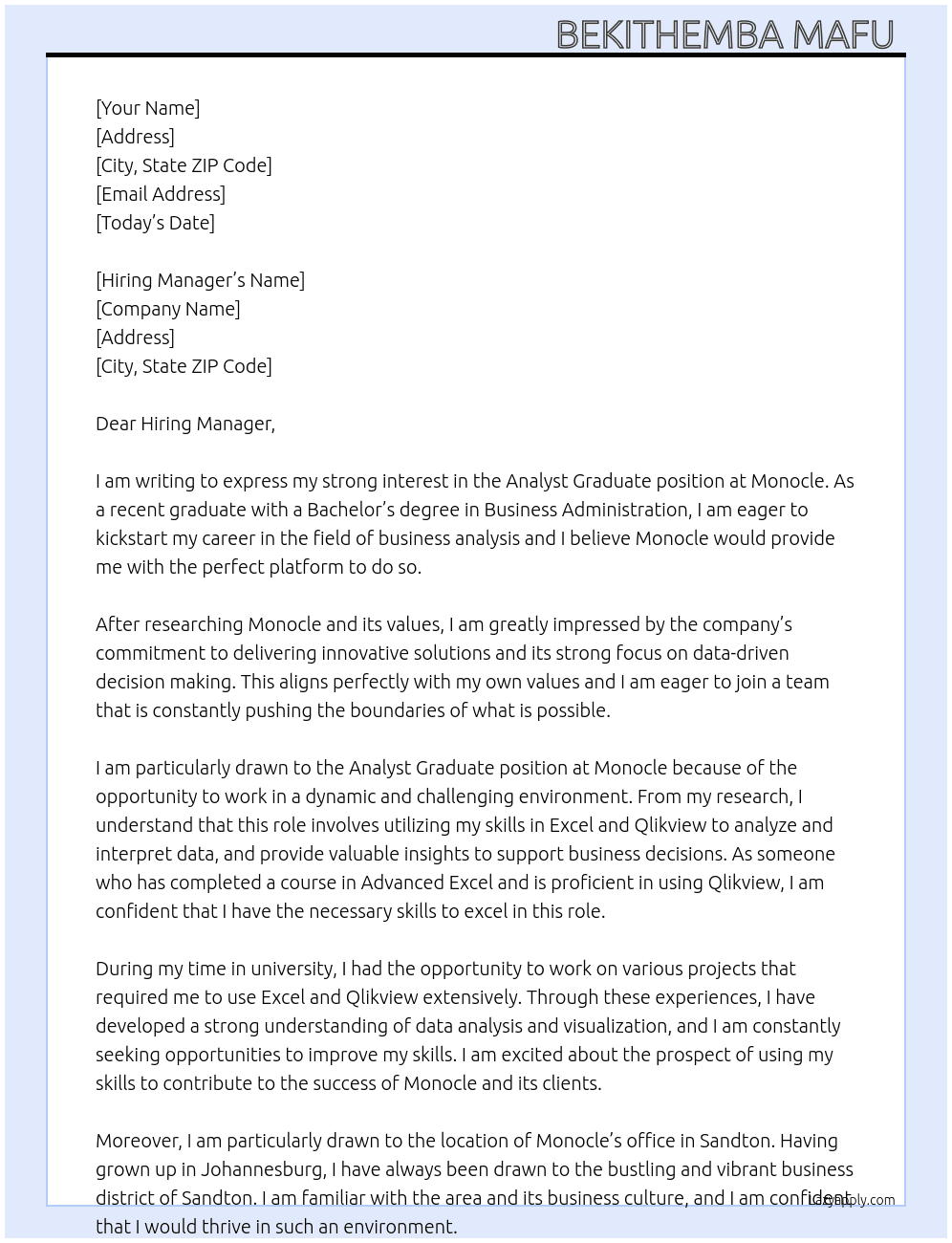 Analyst Graduate  At Monocle  Cover Letter