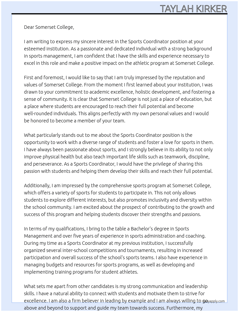 Sports CoOrdinator  At Somerset College  Cover Letter