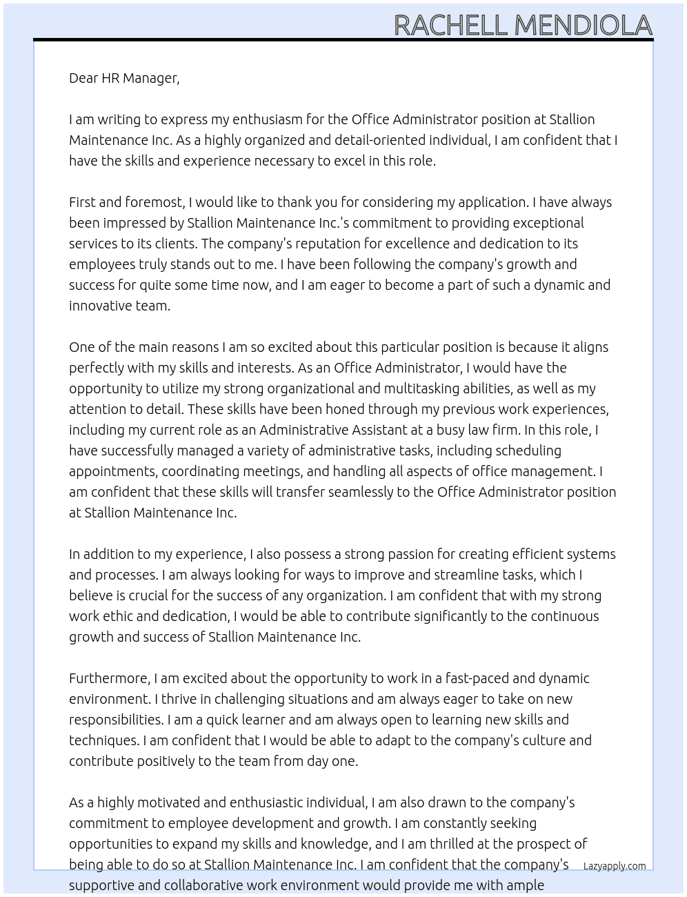 Office Administrator At Stallion Maintenance Inc. Cover Letter