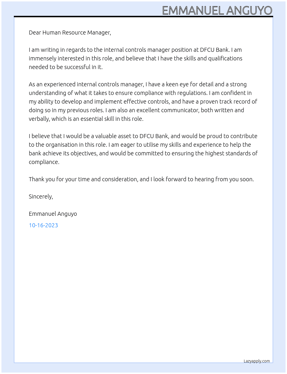 internal controls manager At DFCU Bank Cover Letter