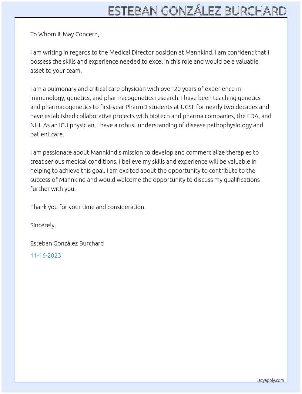 Medical Director  At Mannkind Cover Letter