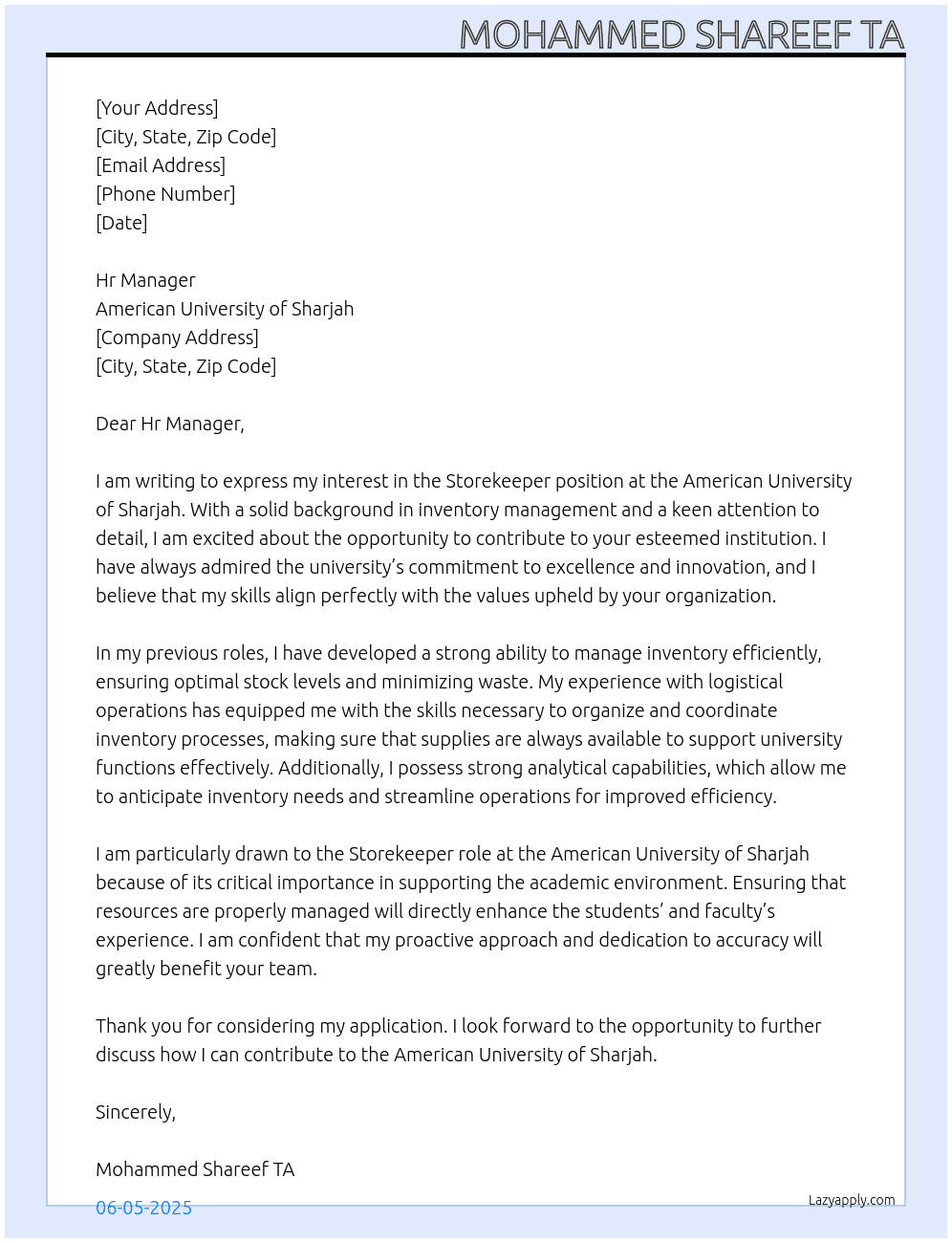 Storekeeper  At American university of sharja  Cover Letter