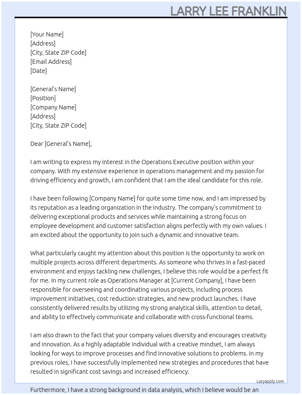 Operations Executive At various Cover Letter