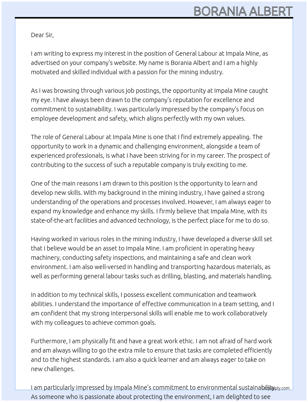 General Labour At Impala Mine Cover Letter