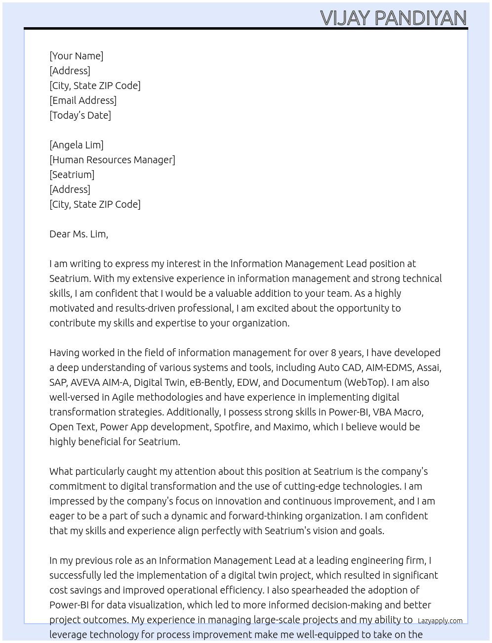 Information Management Lead At Seatrium Cover Letter