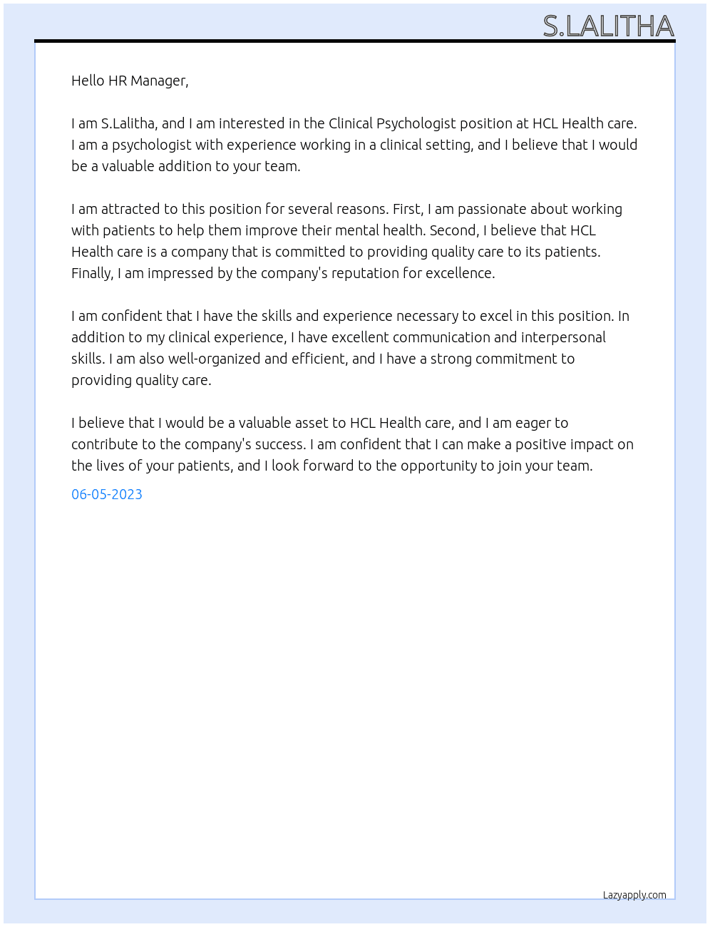Clinical Psychologist At HCL Health care Cover Letter