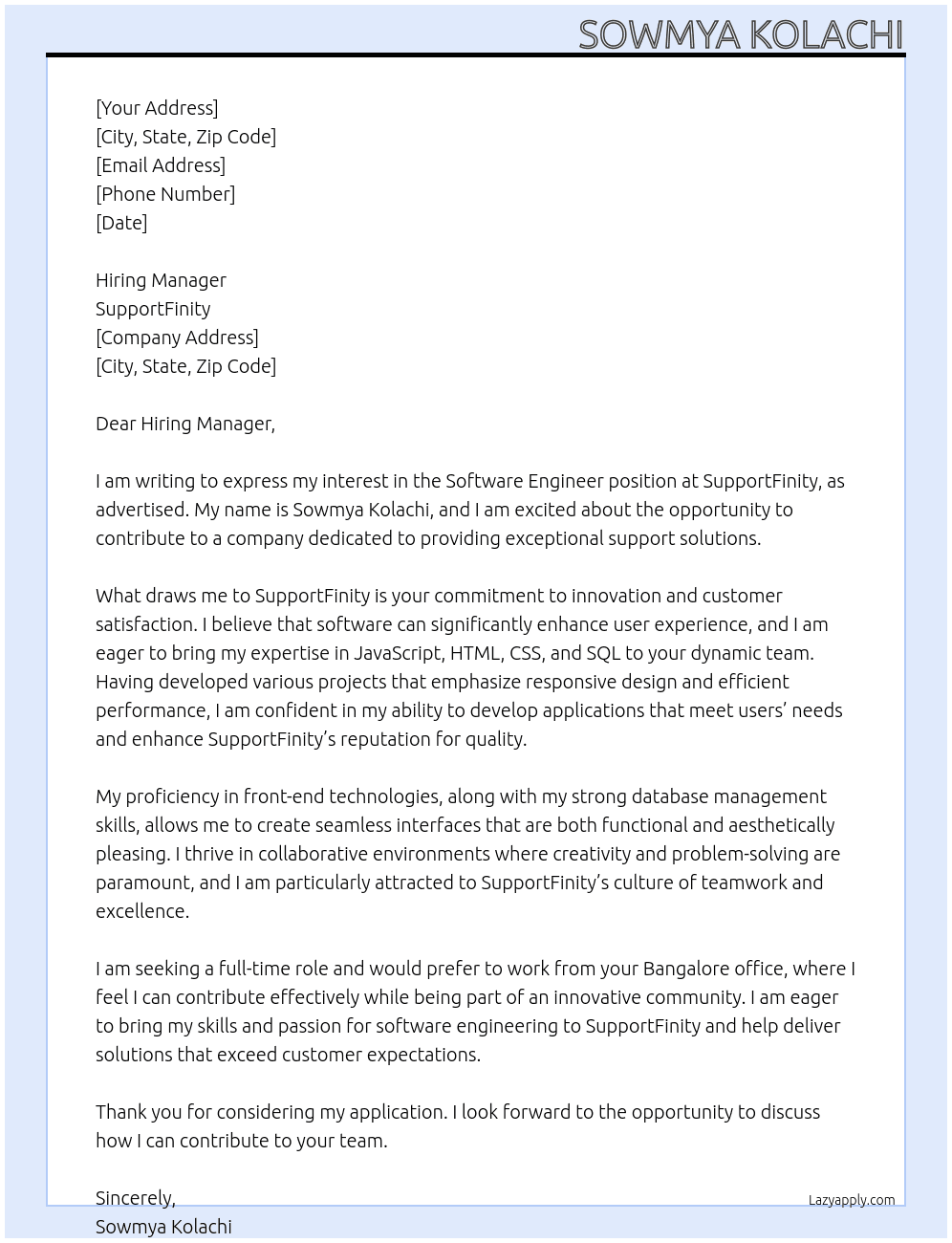 Software Engineer At SupportFinity Cover Letter