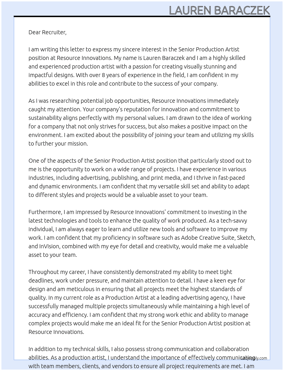 Senior Production Artist At Resource Innvations Cover Letter