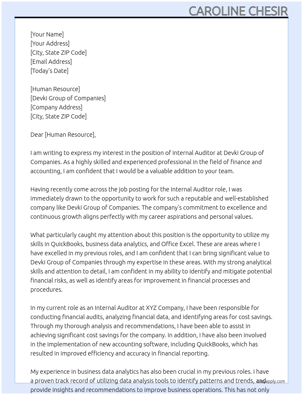 internal auditor At devki group of companies Cover Letter