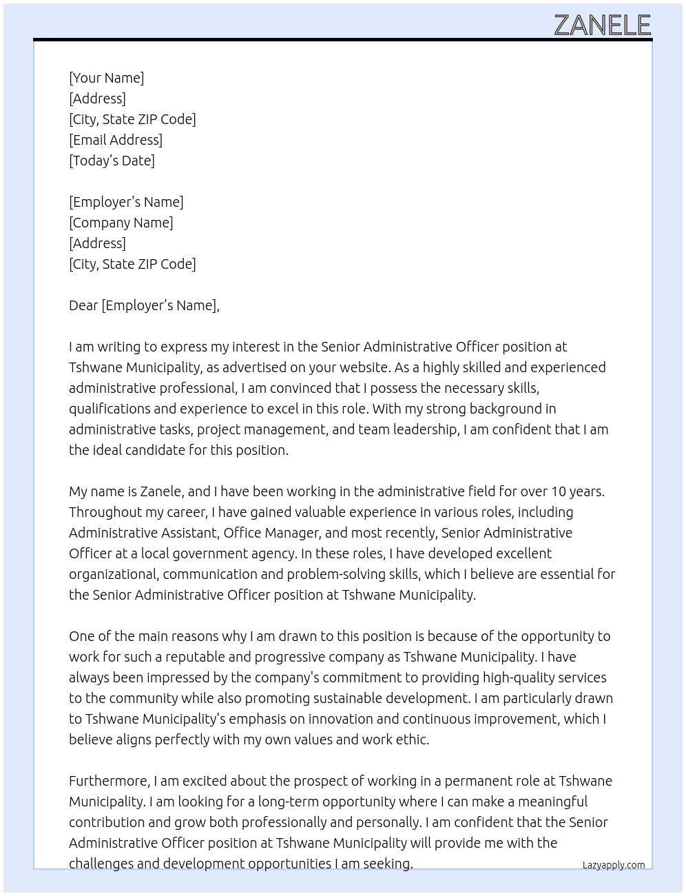 Senior Administrative officer  At Tshwane Cover Letter