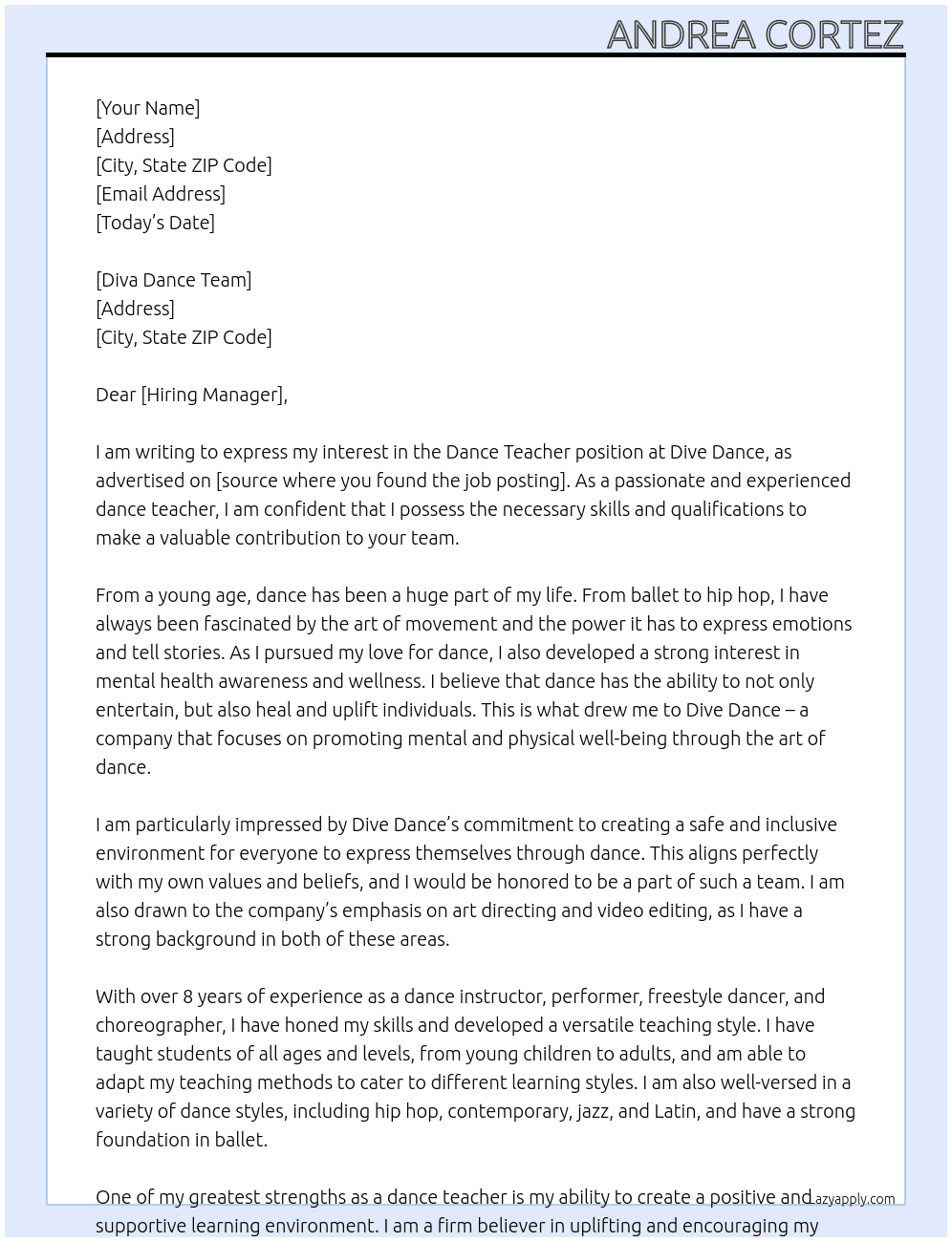 dance teacher At Dive Dance Cover Letter