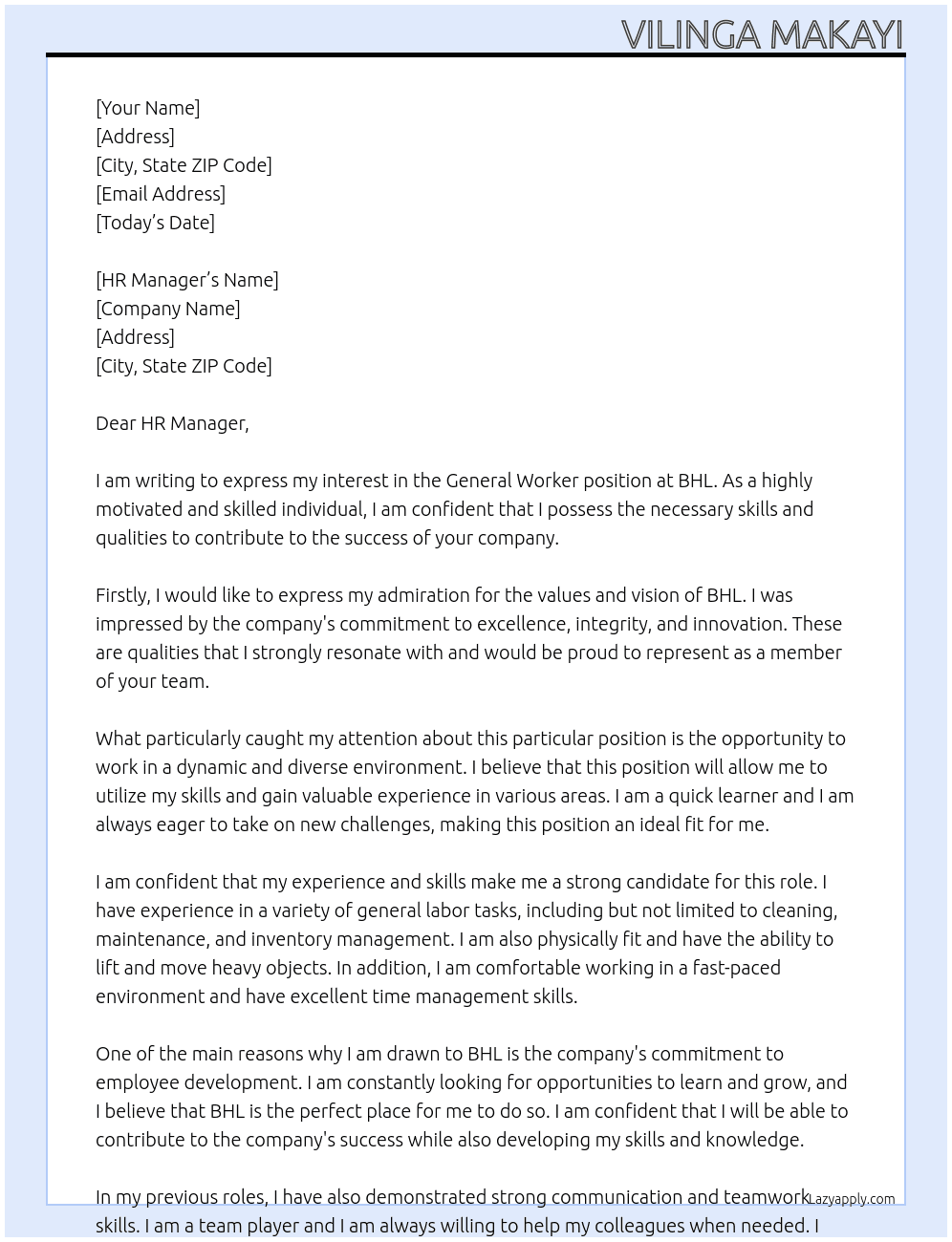 general worker At BHL Cover Letter