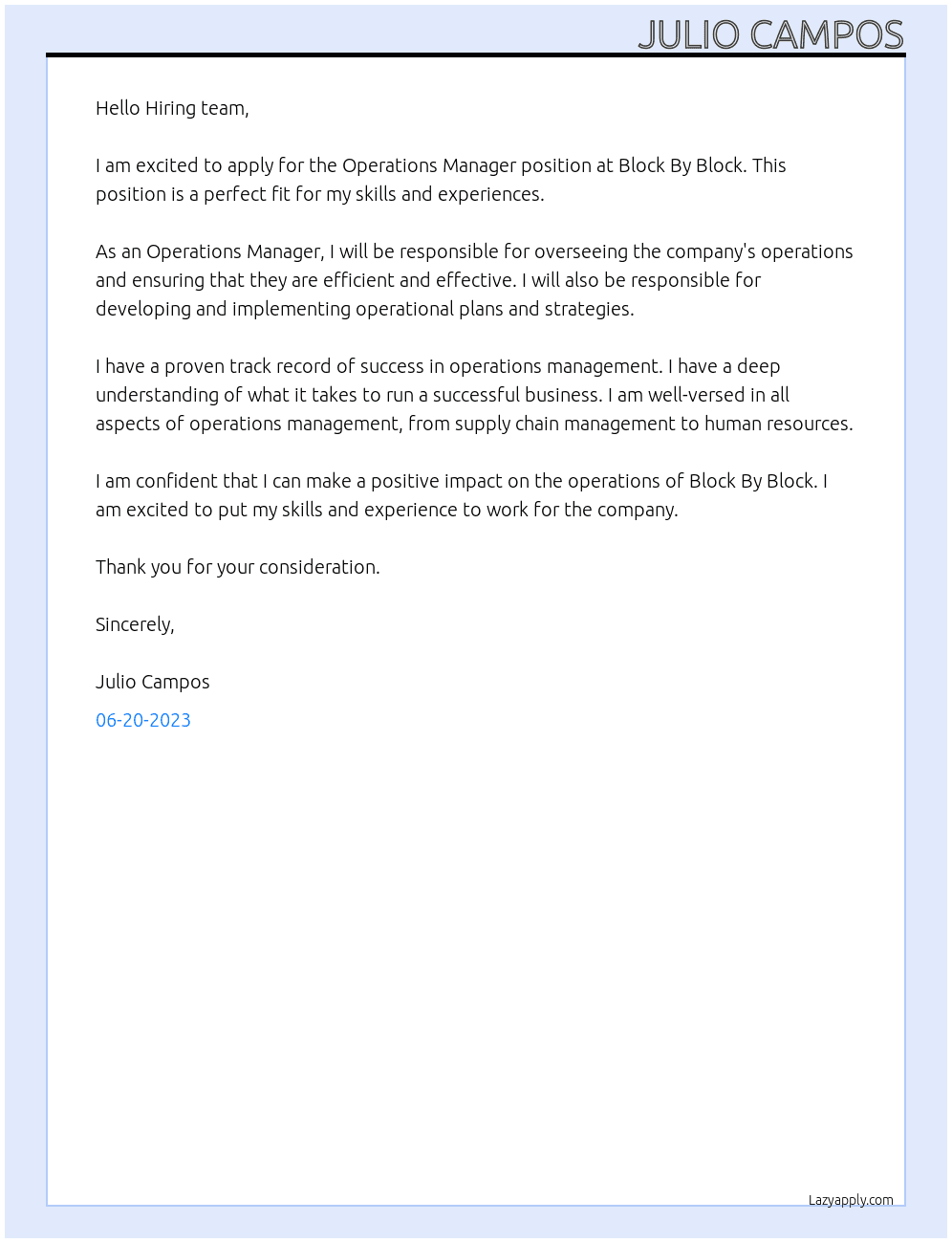  Operations Manager  At Block By Block Cover Letter