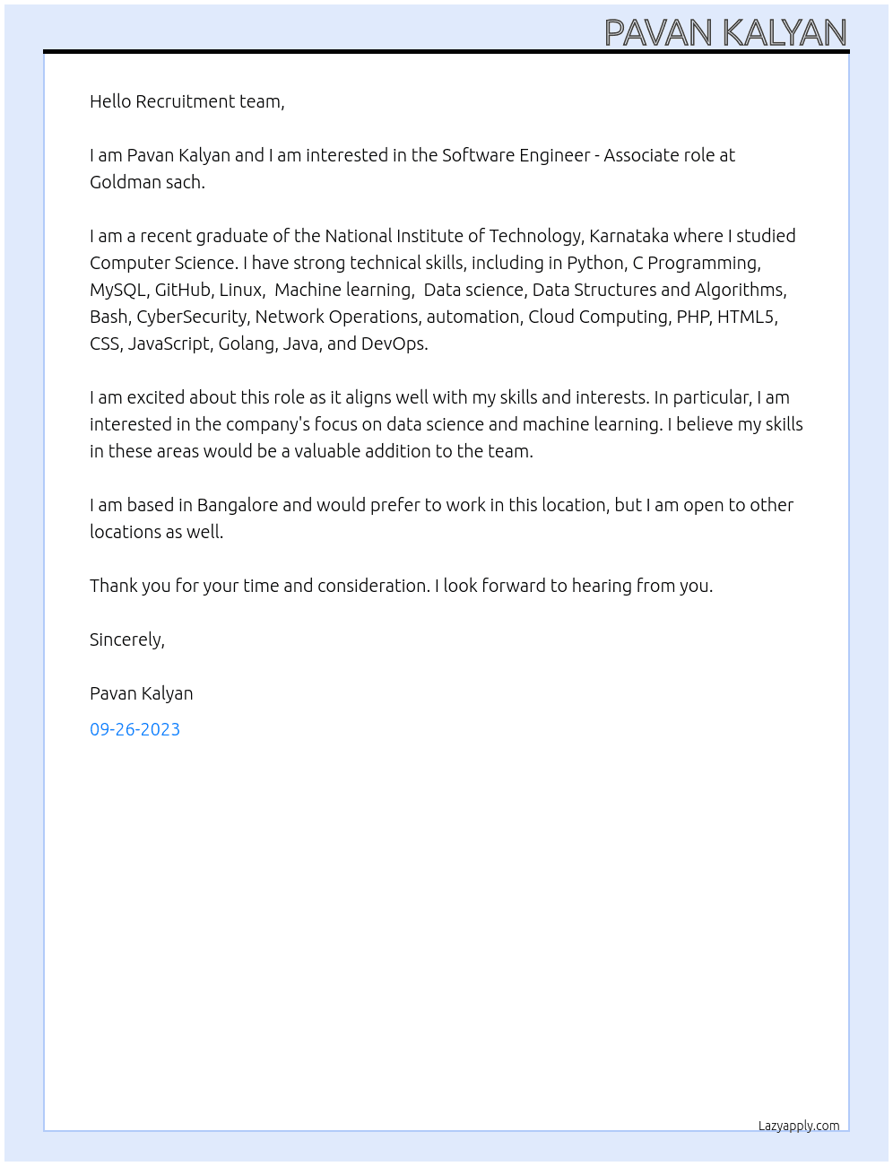 Software Engineer - Associate At Goldman sach Cover Letter