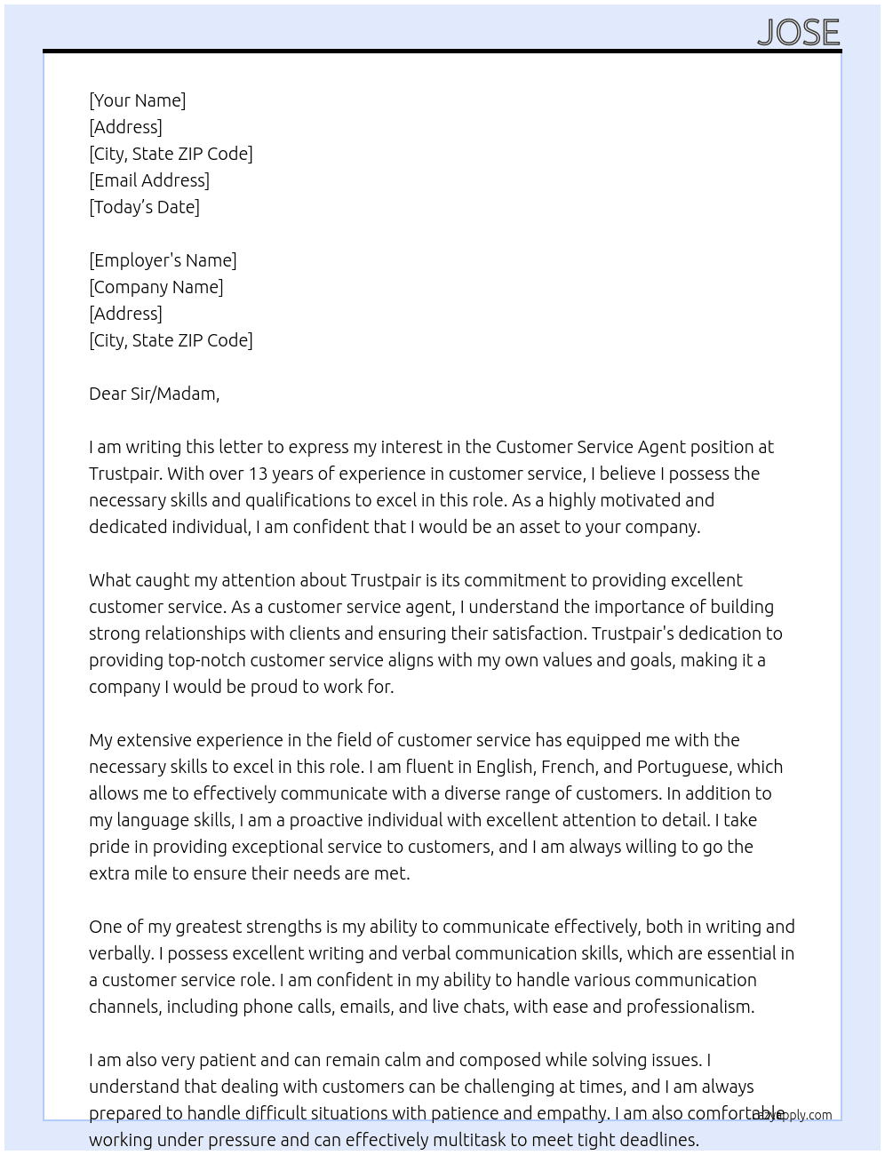 Customer service agent At Trustpair Cover Letter