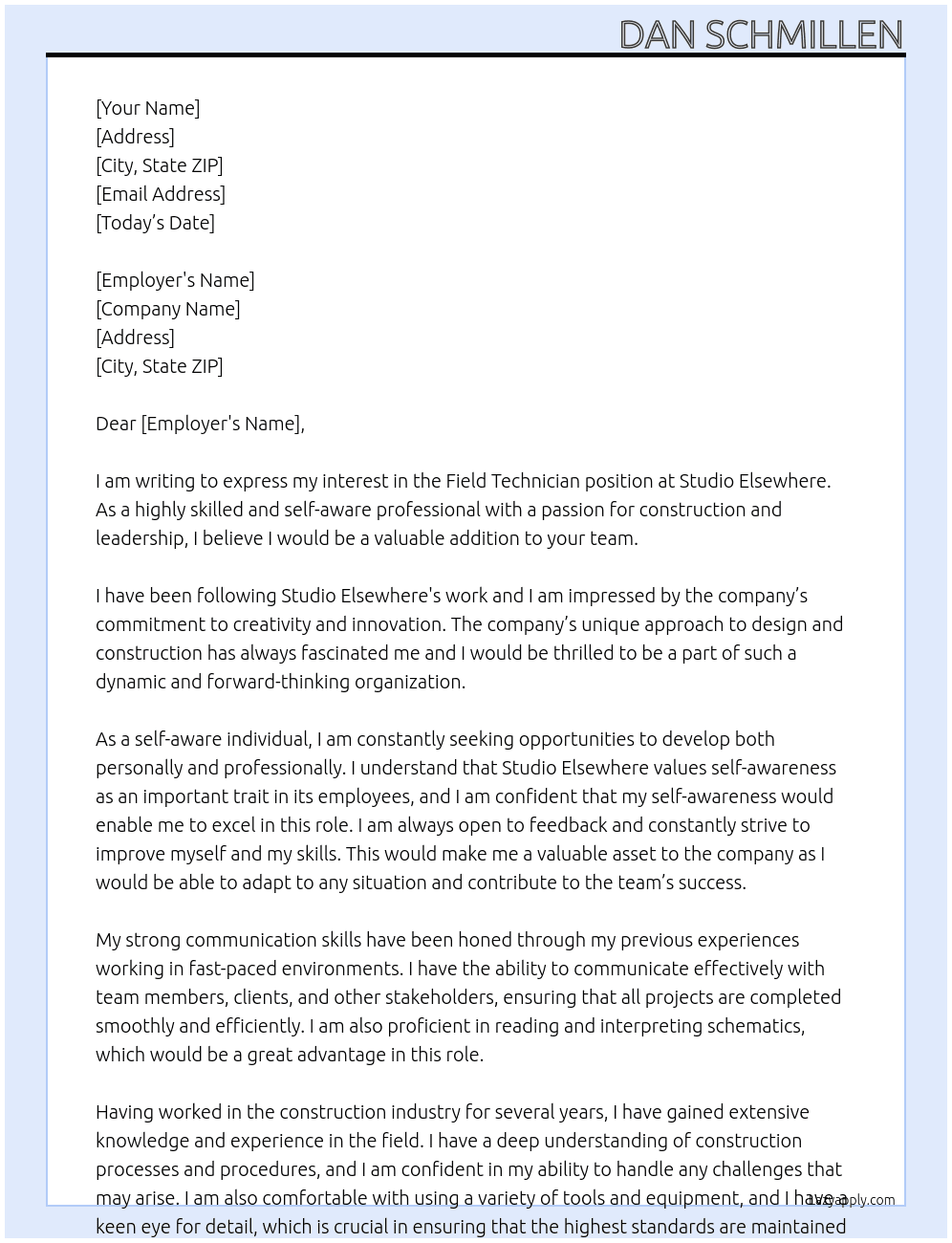 Field technician  At Studio Elsewhere  Cover Letter