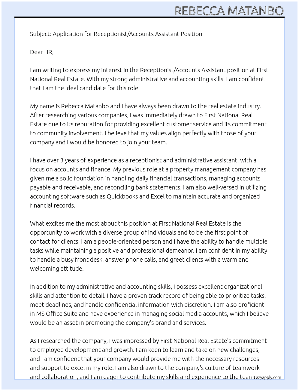 Recetionist/Accounts Assistant At First National Real Estate Cover Letter