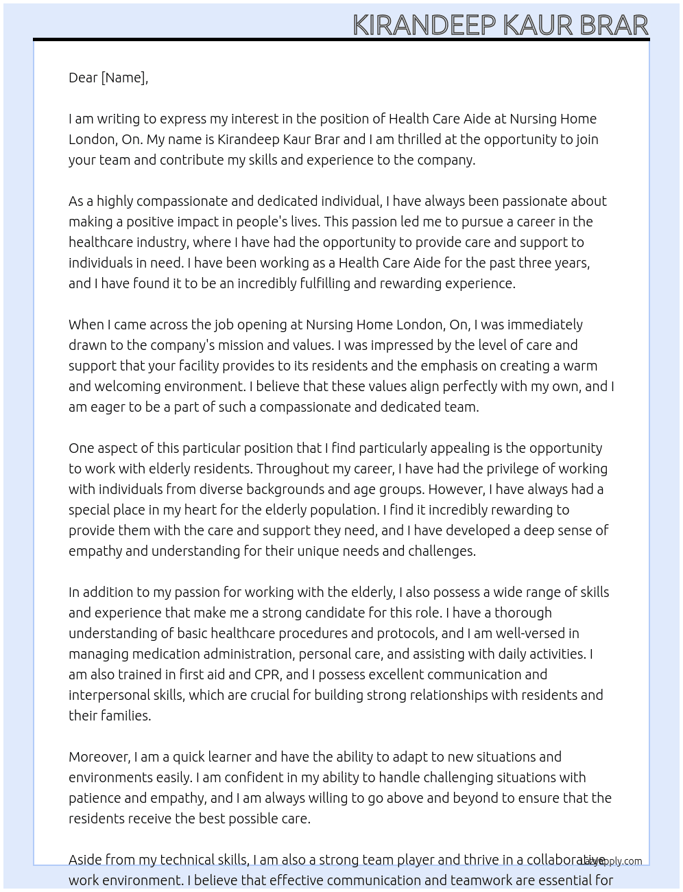 Health care Aide At Nursing home London, On Cover Letter