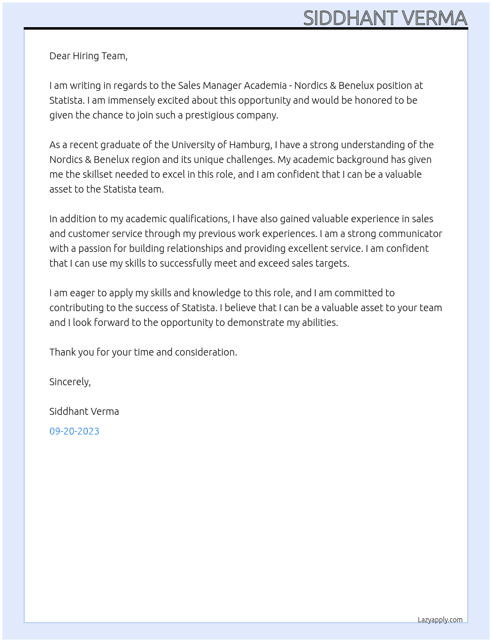Sales Manager Academia - Nordics & Benelux At Statista Cover Letter