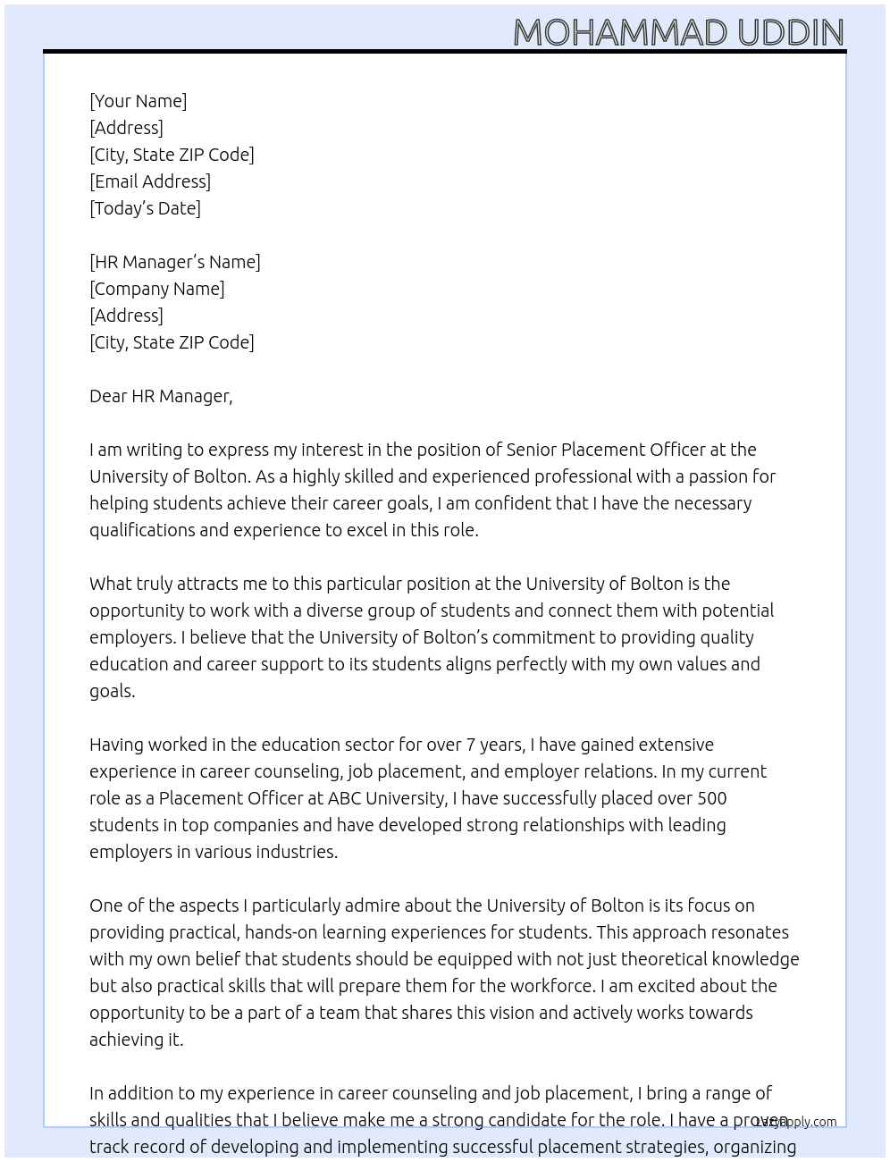 Senior Placement Officer At University of Bolton Cover Letter