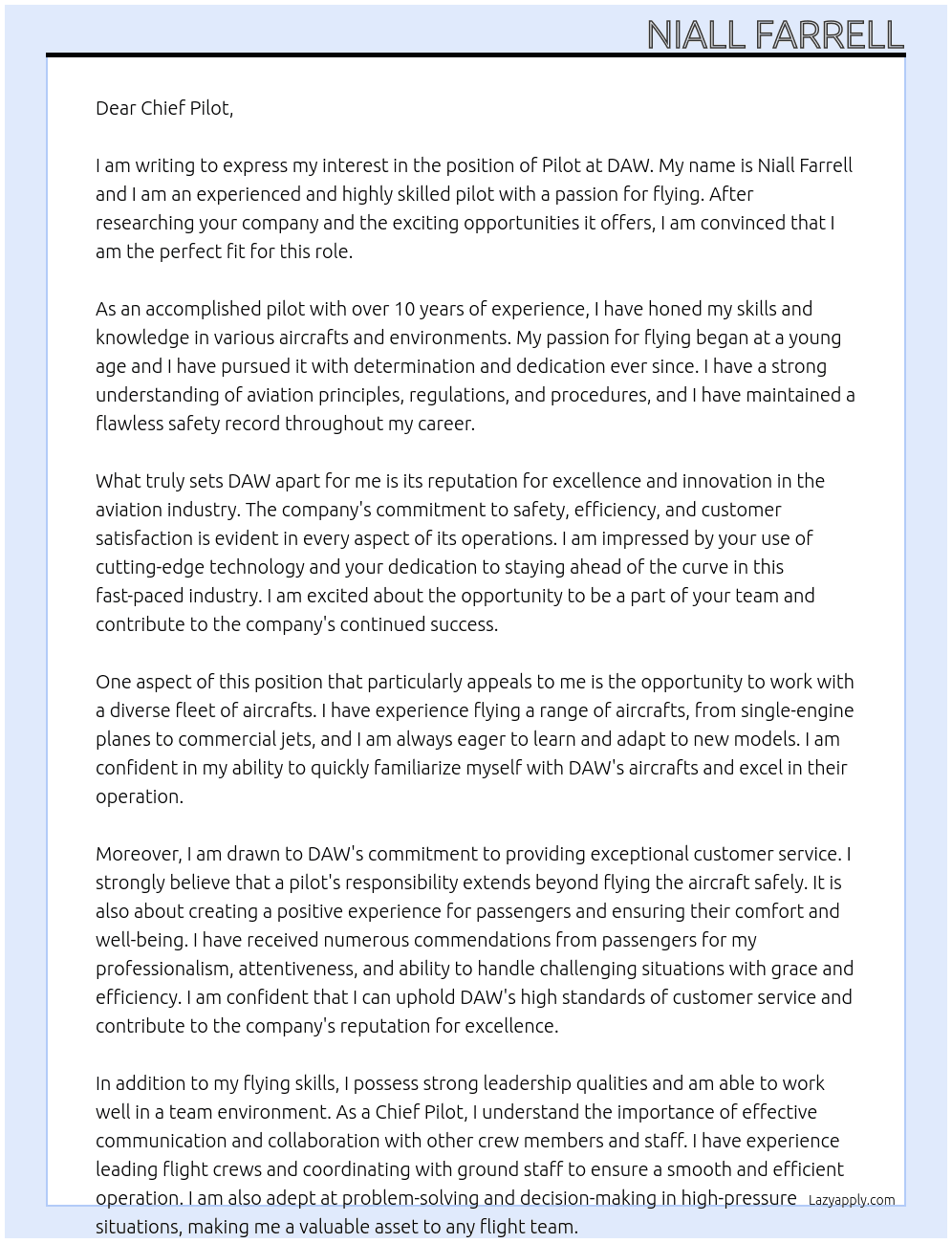Pilot At DAW Cover Letter