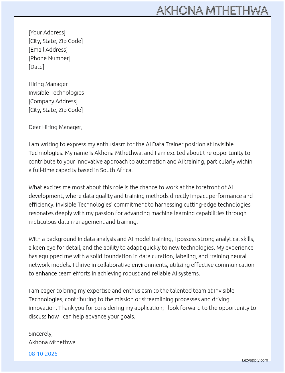 Ai data trainer  At Invisible technologies  Cover Letter