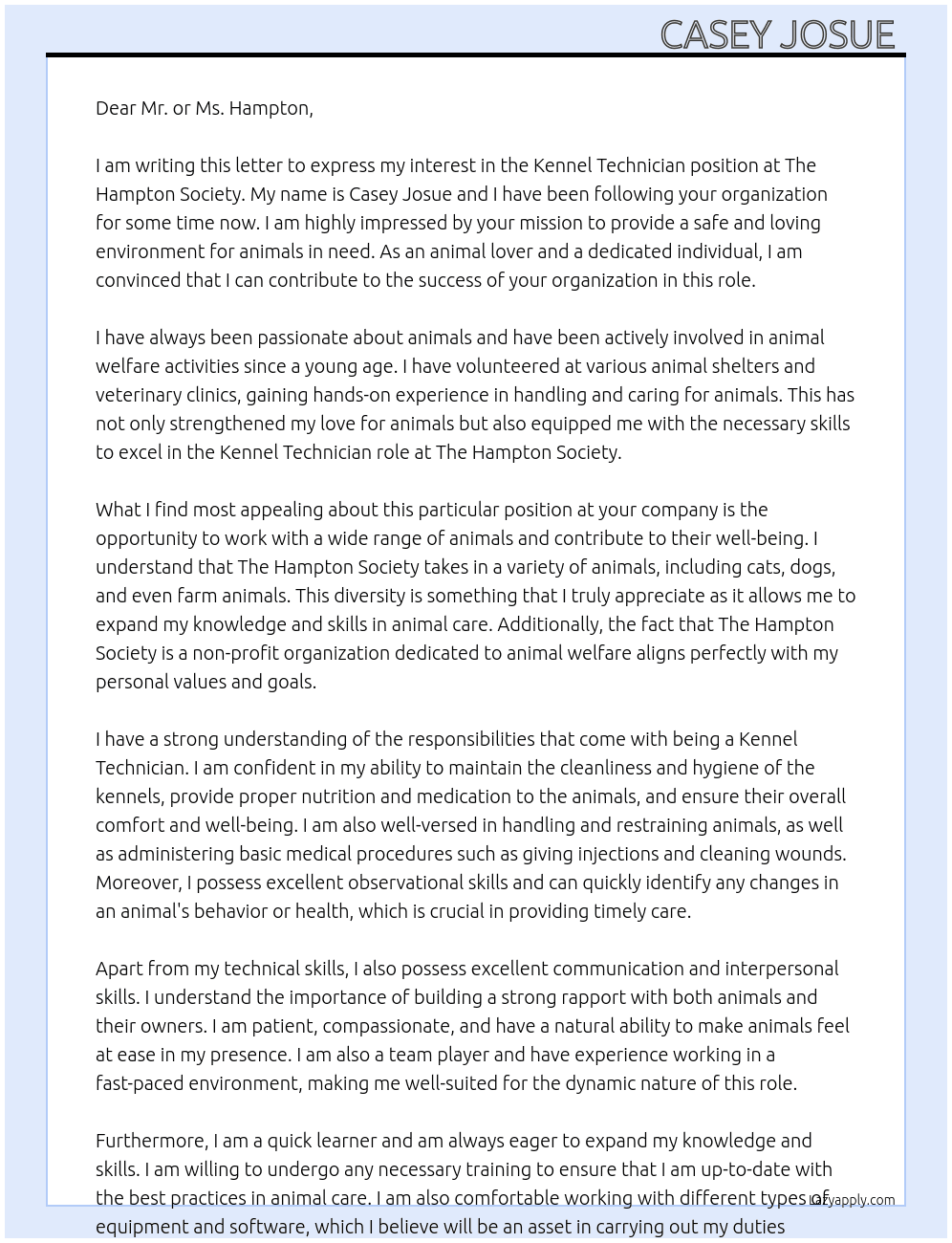 Kennel Technician  At The Hampton Society  Cover Letter