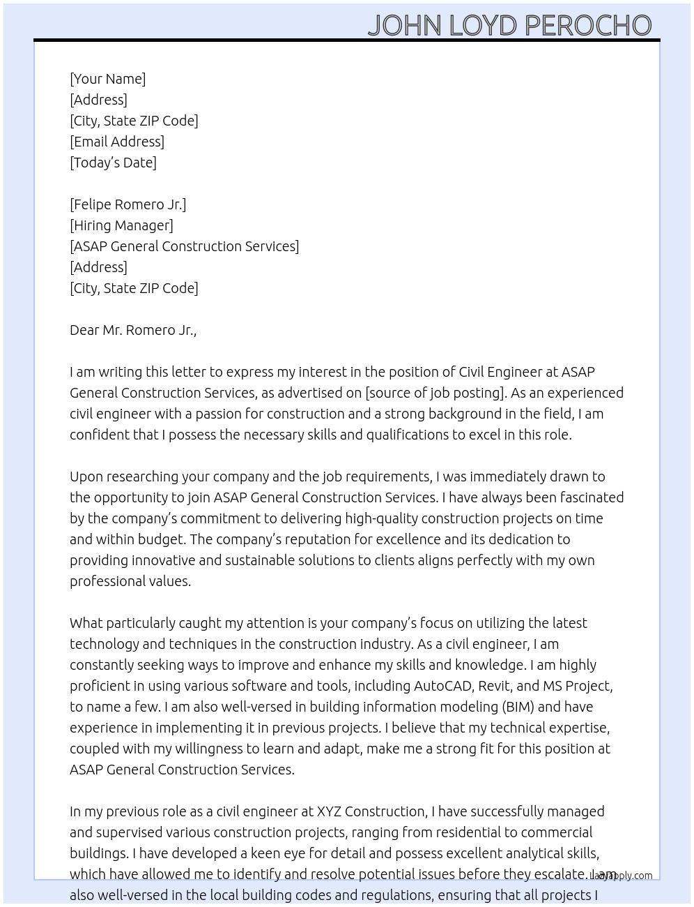 Civil Engineer At ASAP General Construction Services  Cover Letter