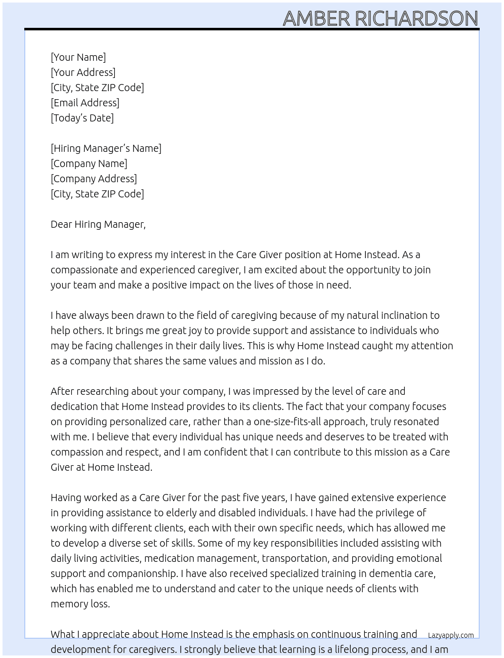 Care Giver At Home Instead Cover Letter
