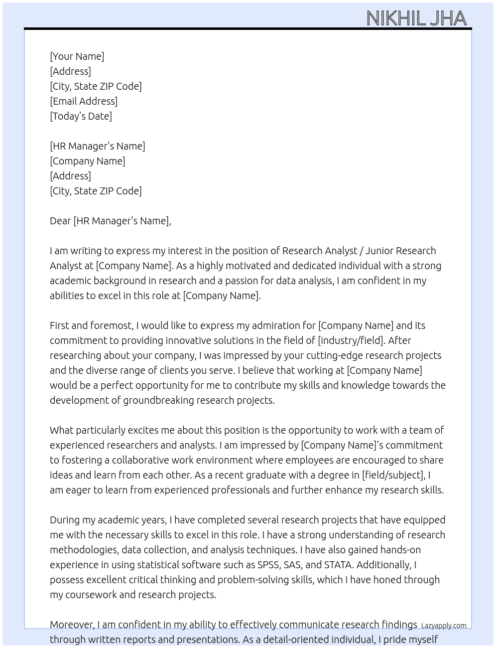 Research Analyst / Junior Research Analyst At REFRACGT Cover Letter