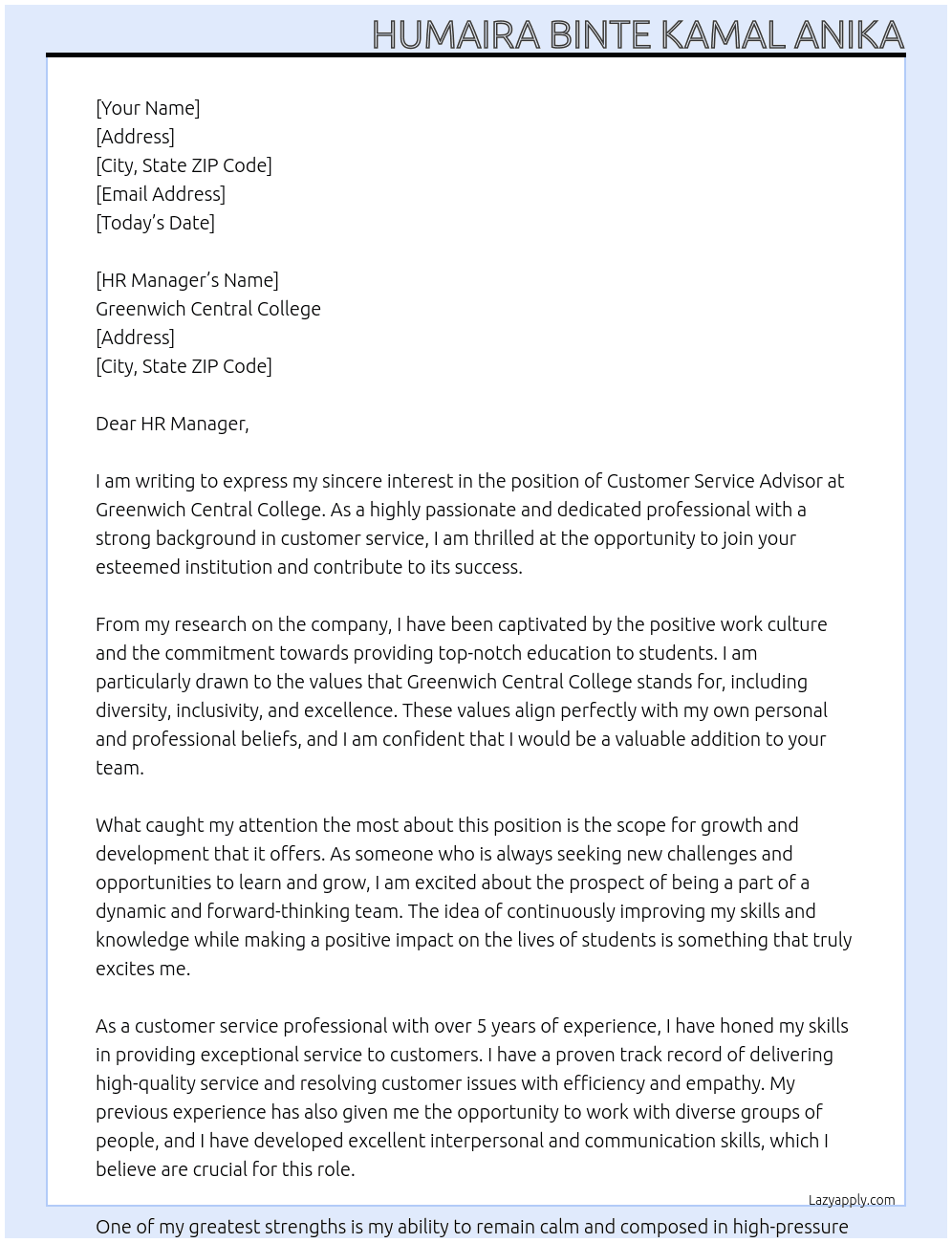 Customer Service Advisor  At Greenwich Central College  Cover Letter