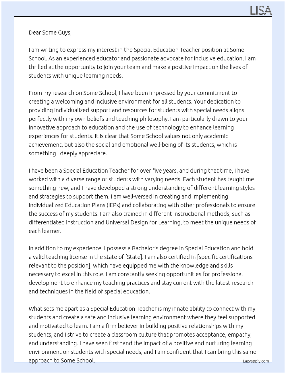 special education teacher At Some School Cover Letter