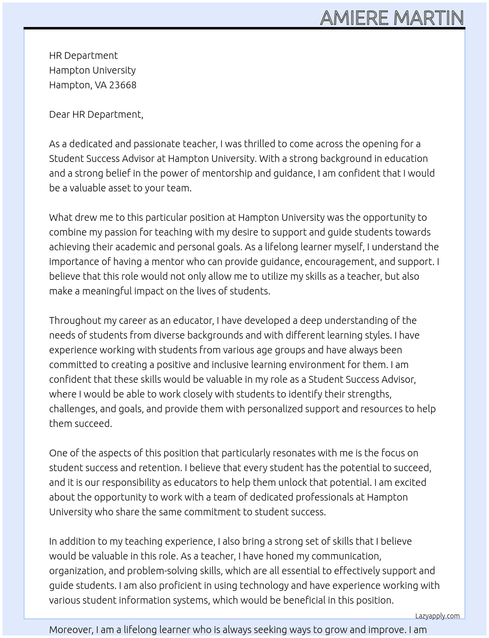 Student Success Advisor At Hampton University Cover Letter