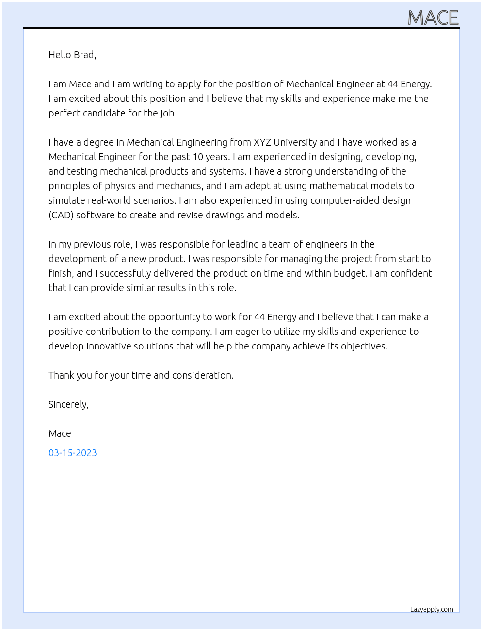 Mechanical Engineer At 44 Energy Cover Letter