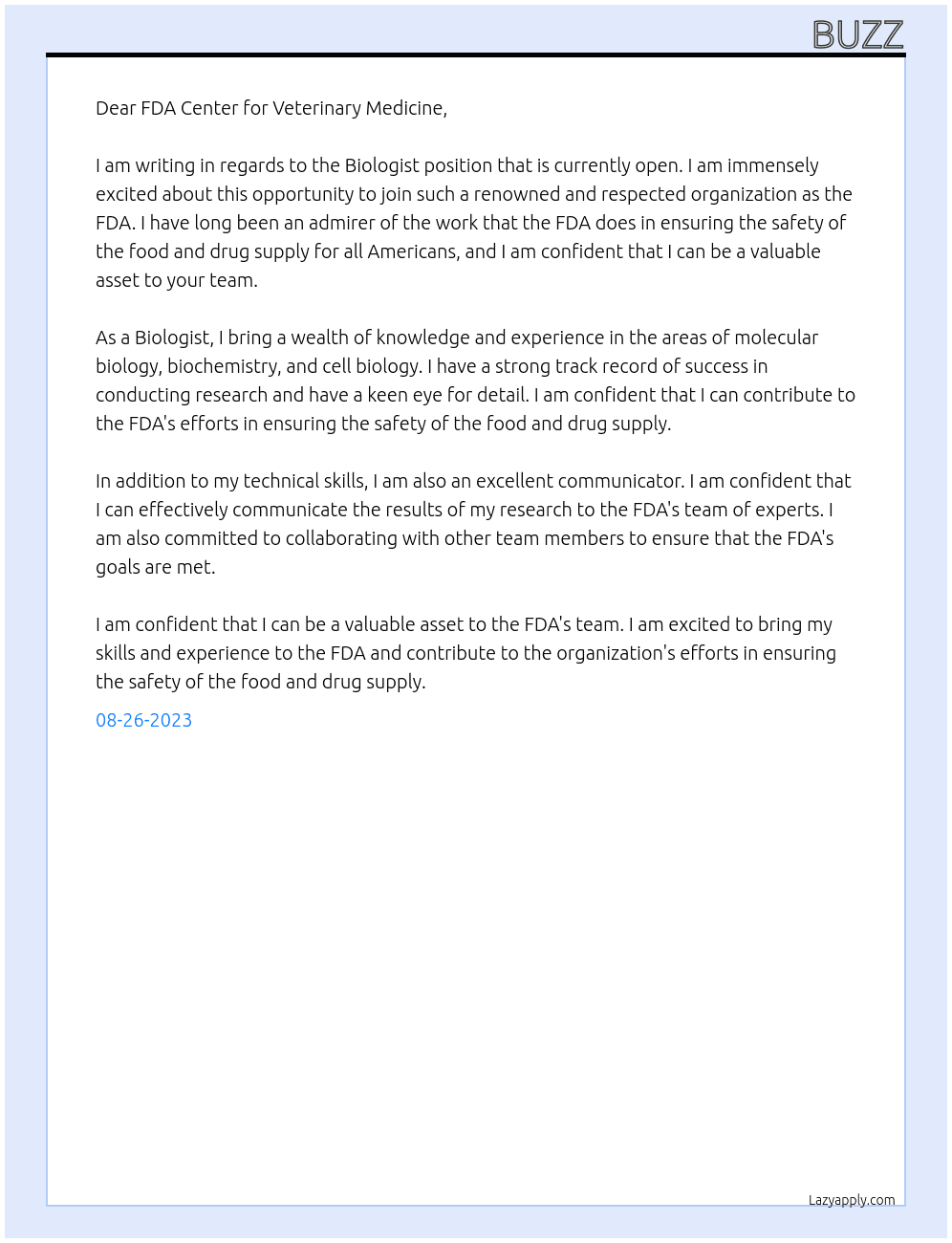 Biologist At Food and Drug Administration Cover Letter