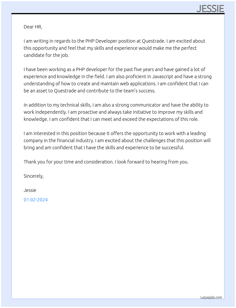 PHP Developer At Questrade Cover Letter